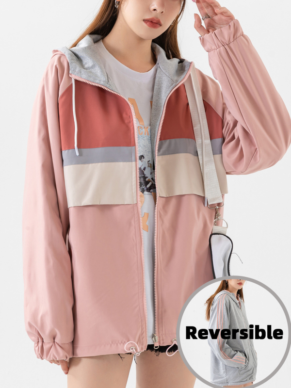Sieviešu reversīva kapucēta jaka pret vēju, Korejas stilā, brīva piegriezums, garas piedurknes, priekšējais rāvējslēdzējs, poliestera audums