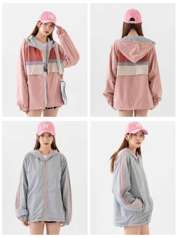 Sieviešu reversīva kapucēta jaka pret vēju, Korejas stilā, brīva piegriezums, garas piedurknes, priekšējais rāvējslēdzējs, poliestera audums