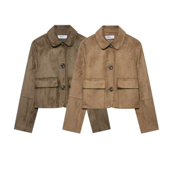 Sieviešu īsa jaka ar suede efektu, ar lapeli apkakli, garas piedurknes, 95% poliesters (vasara 2025)