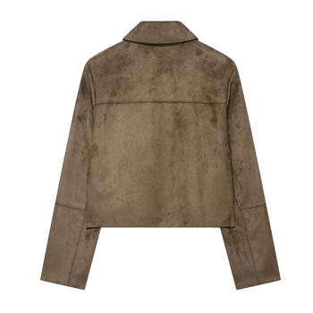 Sieviešu īsa jaka ar suede efektu, ar lapeli apkakli, garas piedurknes, 95% poliesters (vasara 2025)