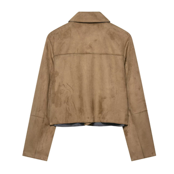 Sieviešu īsa jaka ar suede efektu, ar lapeli apkakli, garas piedurknes, 95% poliesters (vasara 2025)