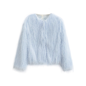 Jachetă damă cu ciucuri decorative, guler rotund, mâneci lungi, croială lejeră, amestec bumbac-poliester, toamnă 2025