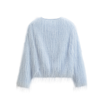 Jachetă damă cu ciucuri decorative, guler rotund, mâneci lungi, croială lejeră, amestec bumbac-poliester, toamnă 2025