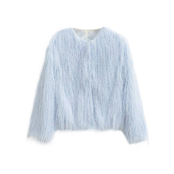 Jachetă damă cu ciucuri decorative, guler rotund, mâneci lungi, croială lejeră, amestec bumbac-poliester, toamnă 2025