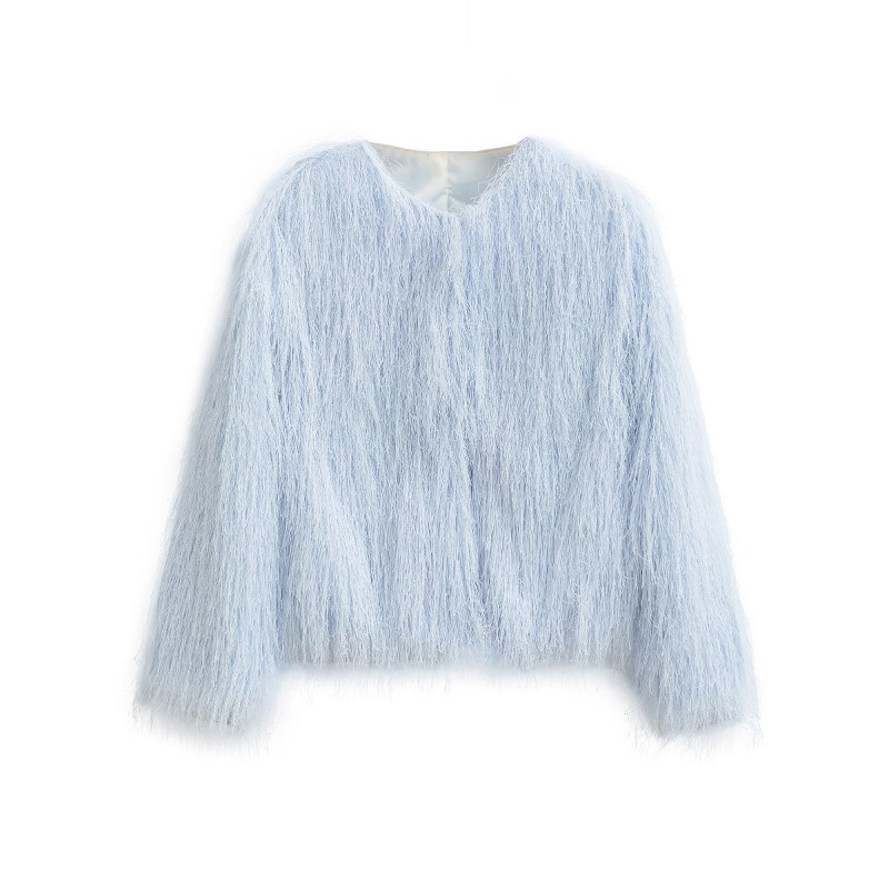 Jachetă damă cu ciucuri decorative, guler rotund, mâneci lungi, croială lejeră, amestec bumbac-poliester, toamnă 2025