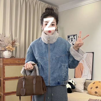 Деним яке с подплата от флийс, декоративна изкуствена овча вълна, неравномерен силует, вискоза, бейзбол яка