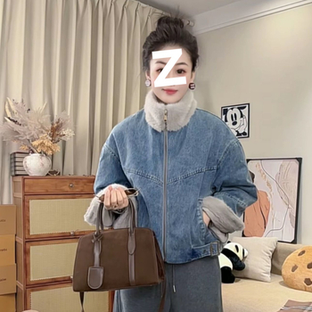 Деним яке с подплата от флийс, декоративна изкуствена овча вълна, неравномерен силует, вискоза, бейзбол яка