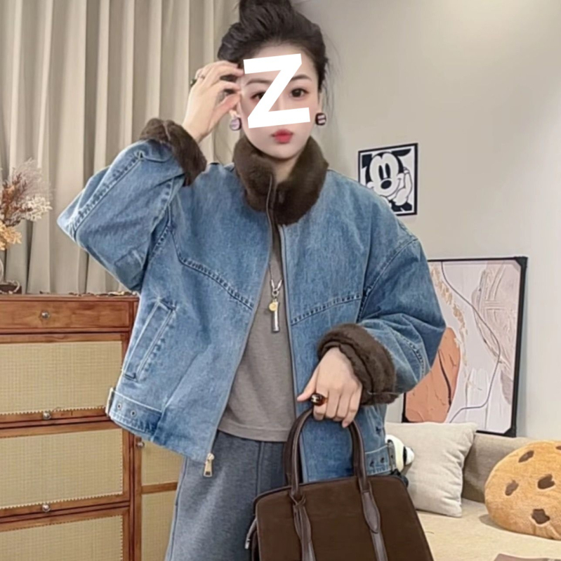 Деним яке с подплата от флийс, декоративна изкуствена овча вълна, неравномерен силует, вискоза, бейзбол яка