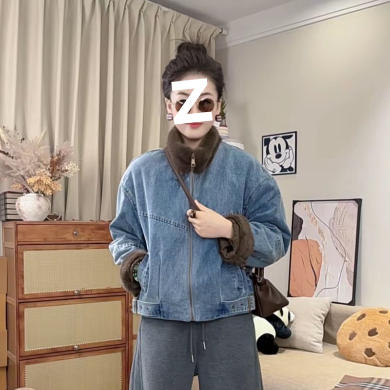 Деним яке с подплата от флийс, декоративна изкуствена овча вълна, неравномерен силует, вискоза, бейзбол яка