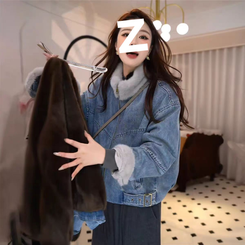 Деним яке с подплата от флийс, декоративна изкуствена овча вълна, неравномерен силует, вискоза, бейзбол яка