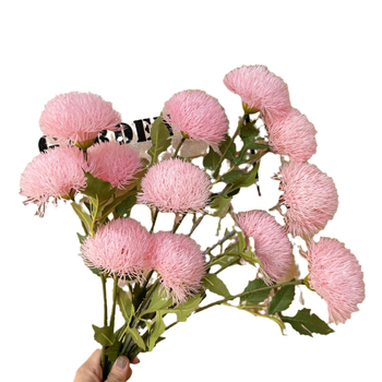 Mesterséges selyem virágokból készült kompozíció, 3-fejű gömb, pitypang–krizantéma, nappali díszítésre, cserépben