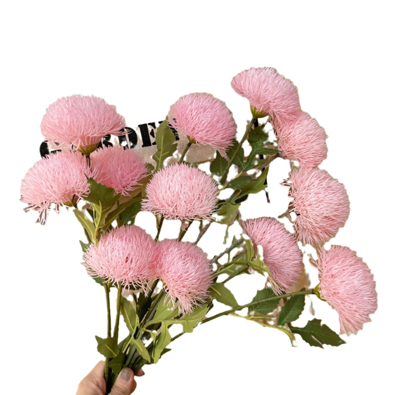 Mesterséges selyem virágokból készült kompozíció, 3-fejű gömb, pitypang–krizantéma, nappali díszítésre, cserépben