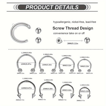 8-частен комплект пирсинг бижута от неръждаема стомана за носни пръстени и пирсинг за устни, електроплакиран, унисекс