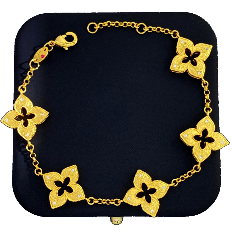 Βραχιόλι από ορείχαλκο με μοτίβα τετράφυλλου και πεντάφυλλου λουλουδιού, χειροβούρτσιστο φινίρισμα, ενθέσεις μικρών λευκών διαμαντιών, unisex, κορεατικού στυλ