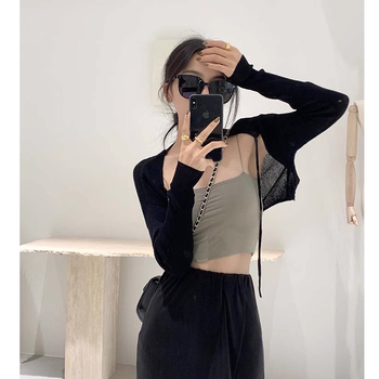 Γαλλικού στυλ κοντή πλεκτή ζακέτα προστασίας από τον ήλιο για γυναίκες, μονόχρωμη, πολυεστέρας, μακριές μανίκια, ελαφριά, αστικός στυλ