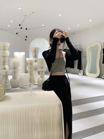 Γαλλικού στυλ κοντή πλεκτή ζακέτα προστασίας από τον ήλιο για γυναίκες, μονόχρωμη, πολυεστέρας, μακριές μανίκια, ελαφριά, αστικός στυλ