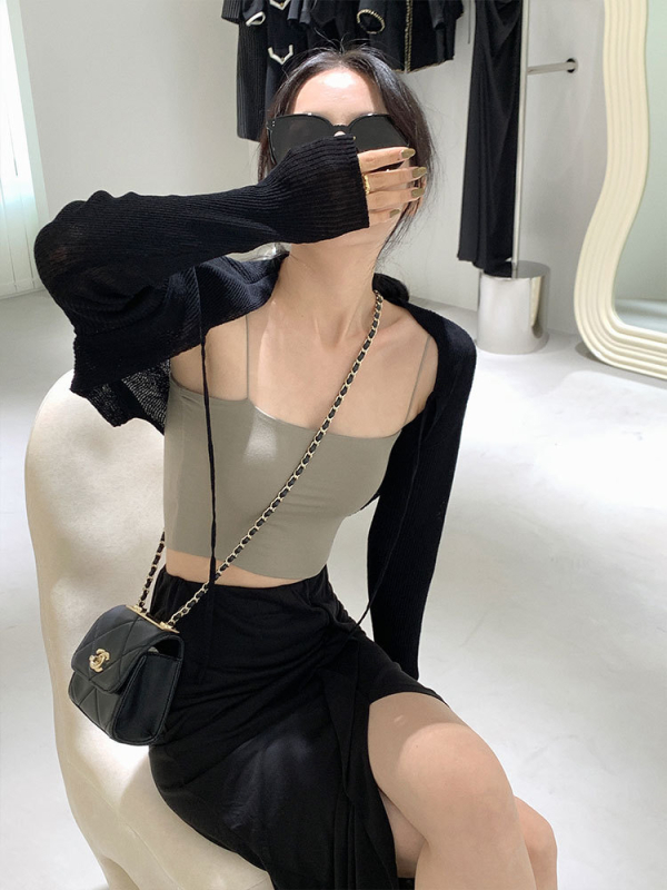 Γαλλικού στυλ κοντή πλεκτή ζακέτα προστασίας από τον ήλιο για γυναίκες, μονόχρωμη, πολυεστέρας, μακριές μανίκια, ελαφριά, αστικός στυλ