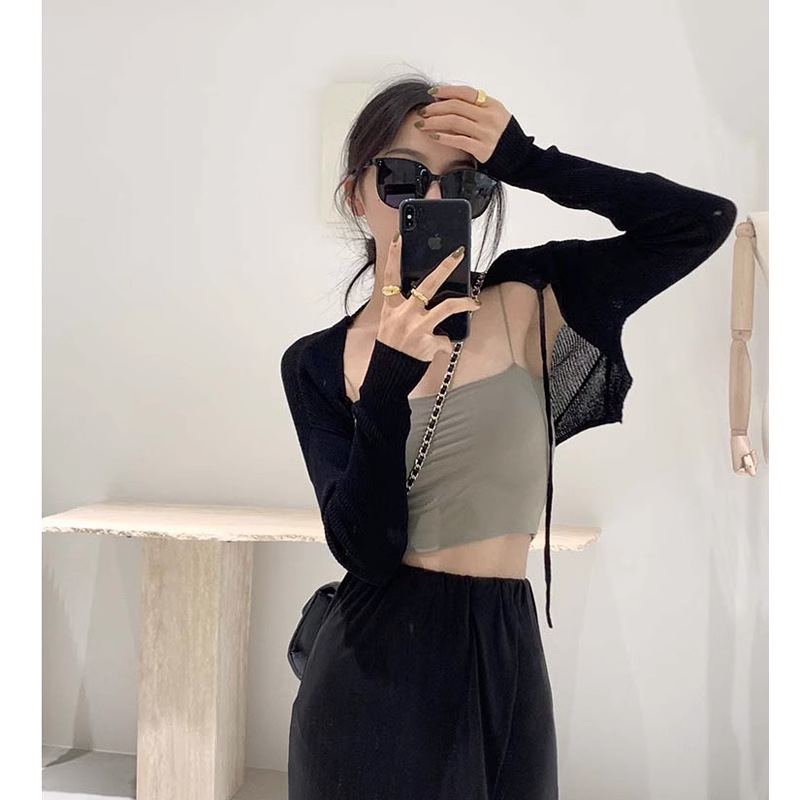 Γαλλικού στυλ κοντή πλεκτή ζακέτα προστασίας από τον ήλιο για γυναίκες, μονόχρωμη, πολυεστέρας, μακριές μανίκια, ελαφριά, αστικός στυλ