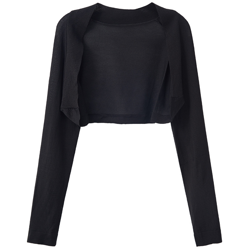 Γαλλικού στυλ κοντή πλεκτή ζακέτα προστασίας από τον ήλιο για γυναίκες, μονόχρωμη, πολυεστέρας, μακριές μανίκια, ελαφριά, αστικός στυλ