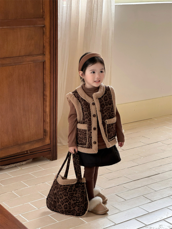 Gyerekek reverszíbilis leopárd mintás mellény kötött belső nadrággal, uniszex, koreai stílusban, 100% pamut