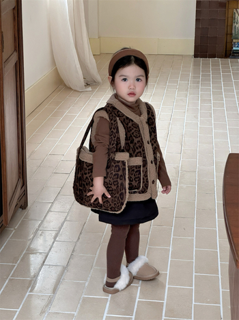 Gyerekek reverszíbilis leopárd mintás mellény kötött belső nadrággal, uniszex, koreai stílusban, 100% pamut