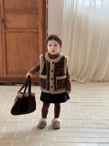 Gyerekek reverszíbilis leopárd mintás mellény kötött belső nadrággal, uniszex, koreai stílusban, 100% pamut