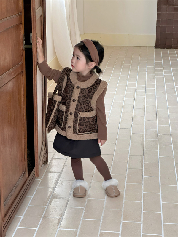 Gyerekek reverszíbilis leopárd mintás mellény kötött belső nadrággal, uniszex, koreai stílusban, 100% pamut
