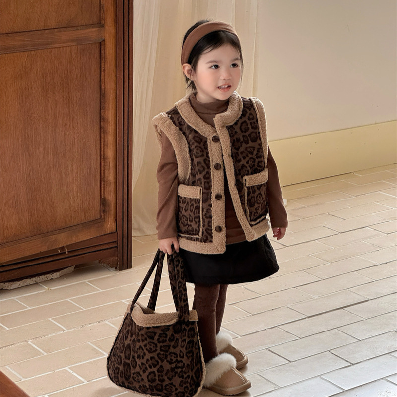 Gyerekek reverszíbilis leopárd mintás mellény kötött belső nadrággal, uniszex, koreai stílusban, 100% pamut