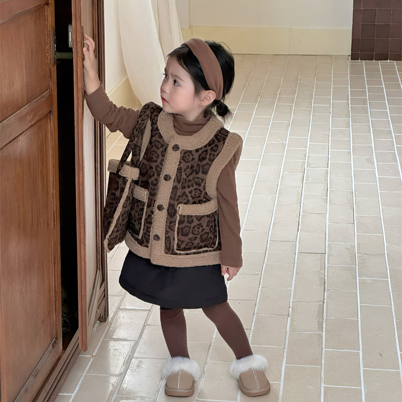 Gyerekek reverszíbilis leopárd mintás mellény kötött belső nadrággal, uniszex, koreai stílusban, 100% pamut