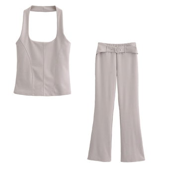 Sieviešu vasaras 2024 komplekts: haltera kakla bez piedurknēm topa ar jostu, poliestera bikses kostīms, ikdienas stils