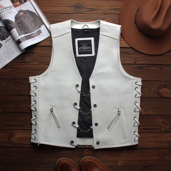 Férfi slim-fit valódi bőrből készült mellény, dupla gombos záródás, fémdíszítések és cipzáras zsebek