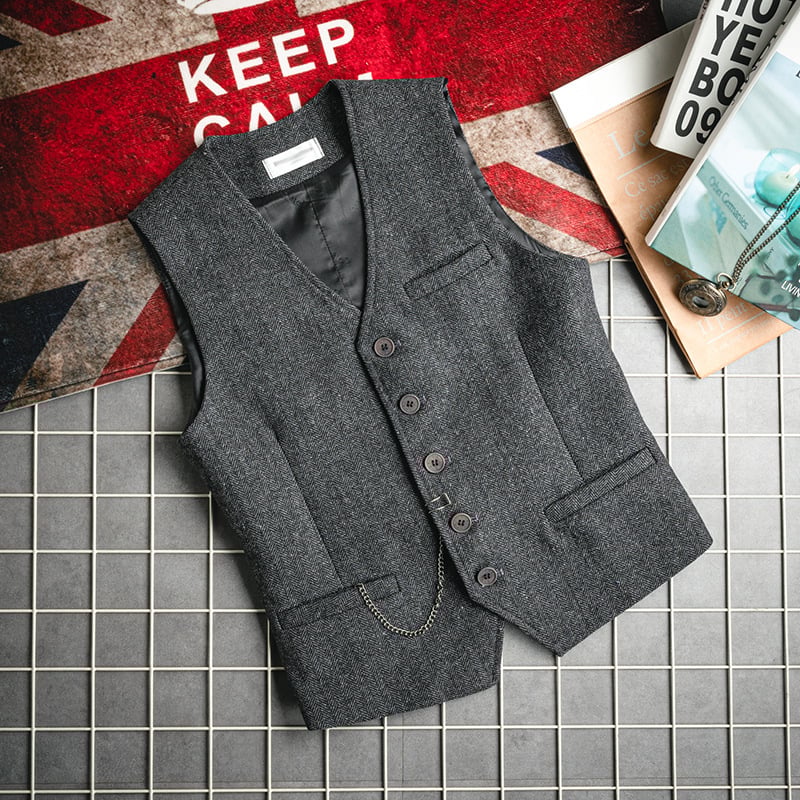 Ανδρικό γιλέκο κοστουμιού από μαλλί, στενή γραμμή, V-λαιμό, μονόμπροστο