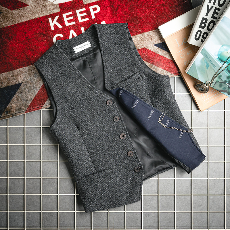 Ανδρικό γιλέκο κοστουμιού από μαλλί, στενή γραμμή, V-λαιμό, μονόμπροστο