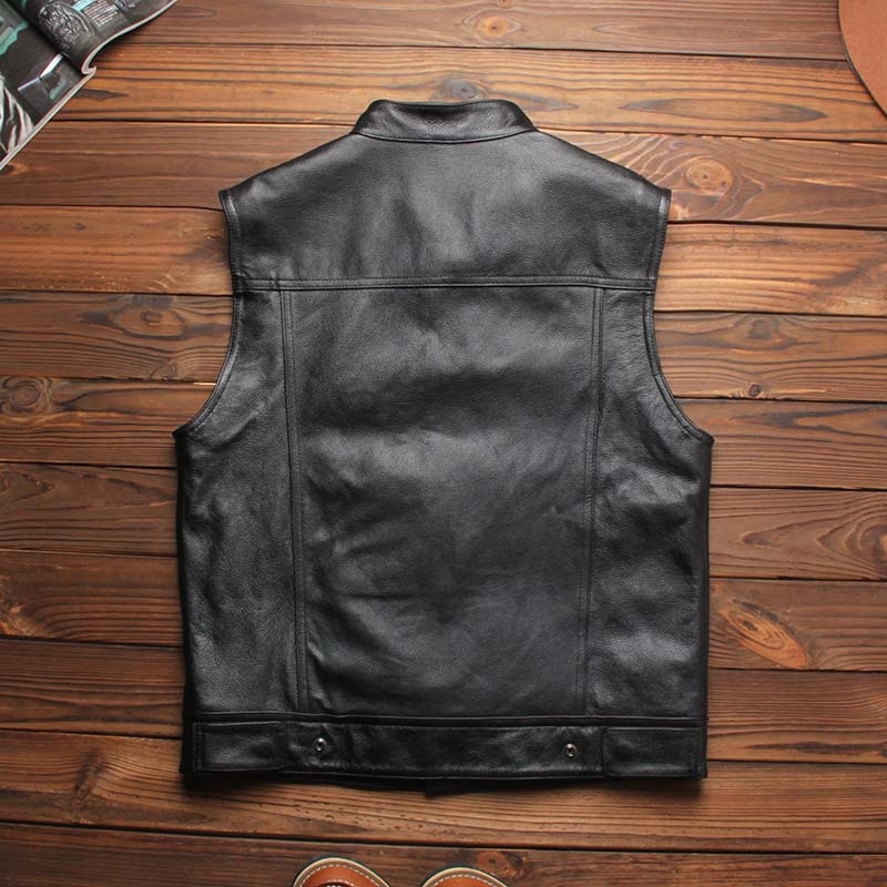 Говежда кожена жилетка със стойков яка, тесен силует, цип за закопчаване, мулти-логота бродерия, Harley Rider Club