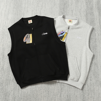 Памучен жилетка-кардиган с бродирано лого, цип, V-образно деколте, свободна кройка, джобове с апликации