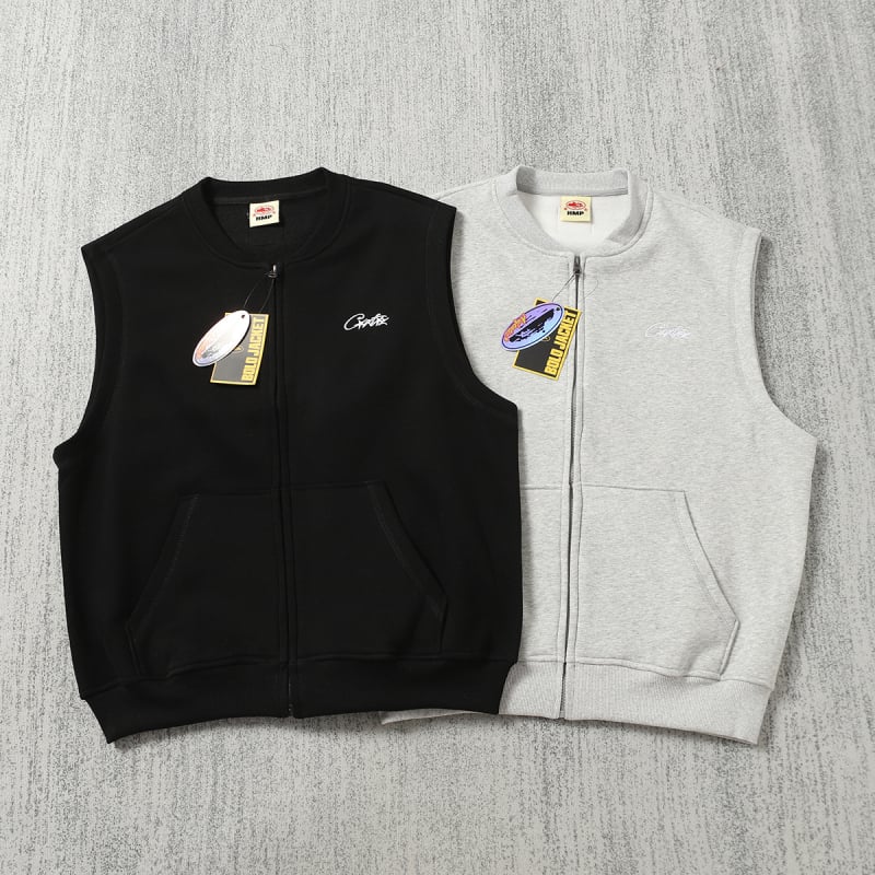 Памучен жилетка-кардиган с бродирано лого, цип, V-образно деколте, свободна кройка, джобове с апликации