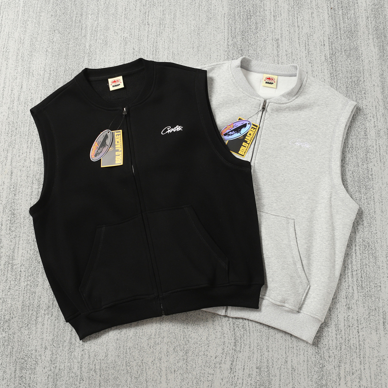 Памучен жилетка-кардиган с бродирано лого, цип, V-образно деколте, свободна кройка, джобове с апликации