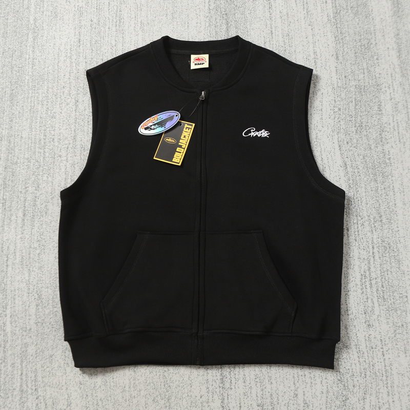 Памучен жилетка-кардиган с бродирано лого, цип, V-образно деколте, свободна кройка, джобове с апликации