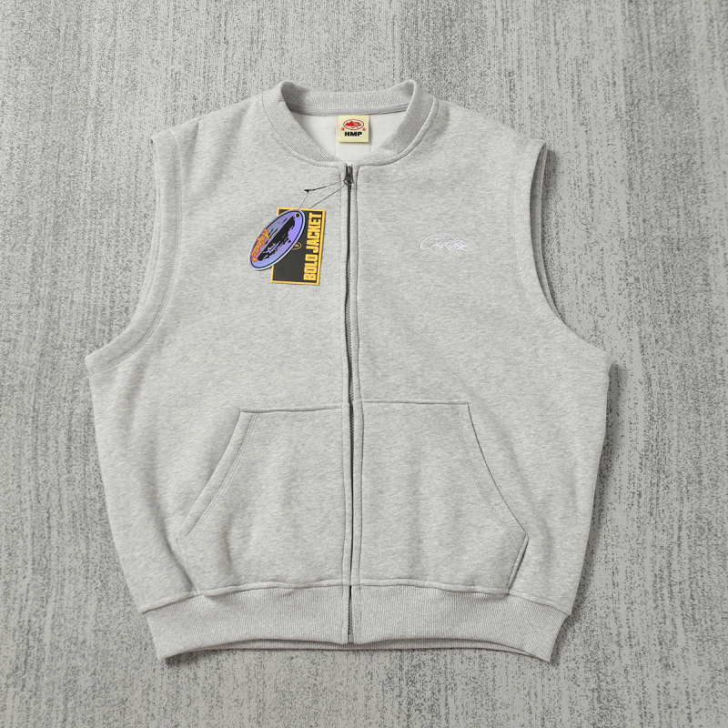 Памучен жилетка-кардиган с бродирано лого, цип, V-образно деколте, свободна кройка, джобове с апликации