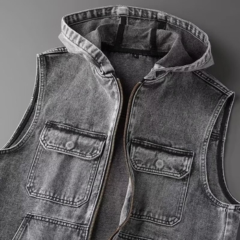 Мъжки дънков елек с качулка, винтидж свободна кройка, 56% памук, цип, странични джобове