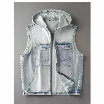 Мъжки дънков елек с качулка, винтидж свободна кройка, 56% памук, цип, странични джобове