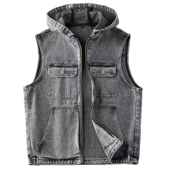 Мъжки дънков елек с качулка, винтидж свободна кройка, 56% памук, цип, странични джобове