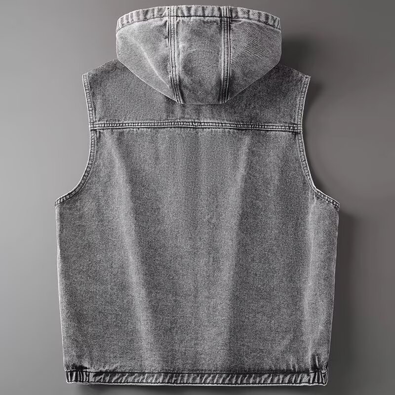 Мъжки дънков елек с качулка, винтидж свободна кройка, 56% памук, цип, странични джобове
