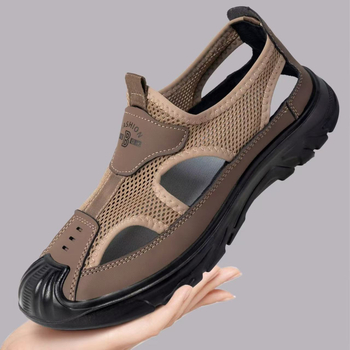 Vīriešu pludmales sandales – elpojošs tīkla augšējais materiāls, ūdensnecaurlaidīgas, pretslīdējoša PVC zole ar injekcijas formu, papēža augstums 2–3 cm