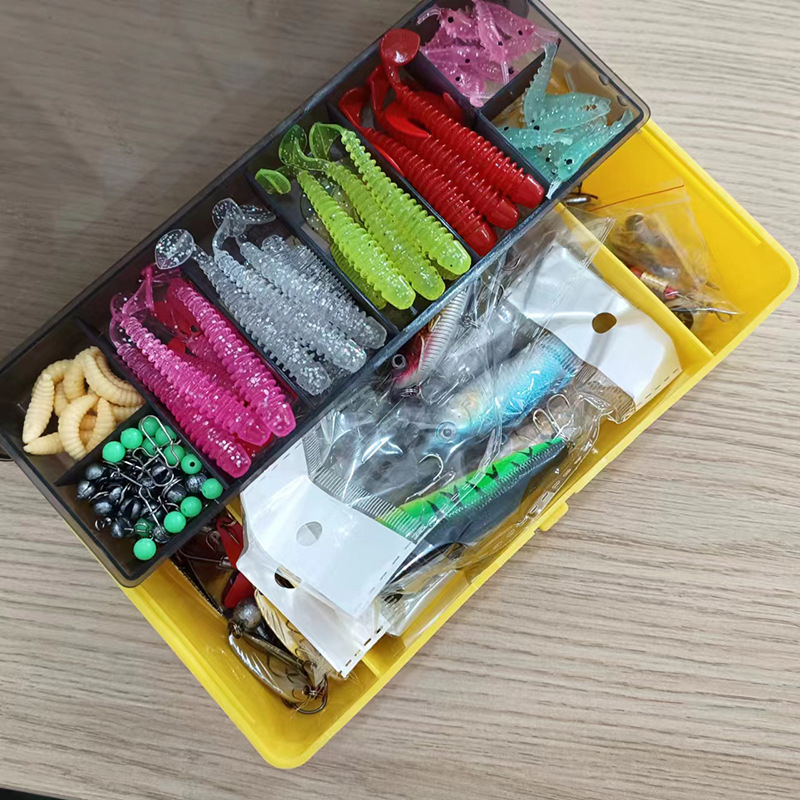 Žvejybos masalų rinkinys – 360 vnt., įskaitant minkštus ir kietus masalus, kabliukai su švino galvutėmis