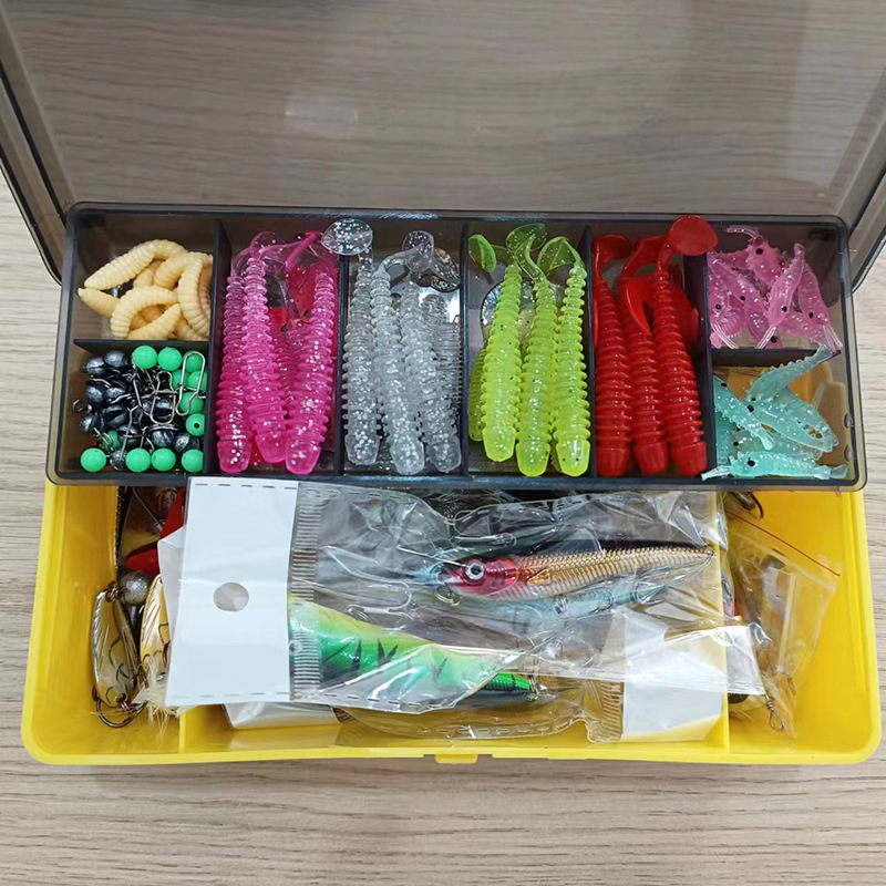 Žvejybos masalų rinkinys – 360 vnt., įskaitant minkštus ir kietus masalus, kabliukai su švino galvutėmis