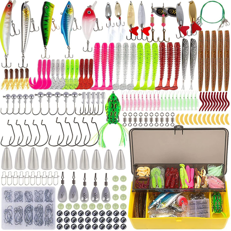 Žvejybos masalų rinkinys – 360 vnt., įskaitant minkštus ir kietus masalus, kabliukai su švino galvutėmis