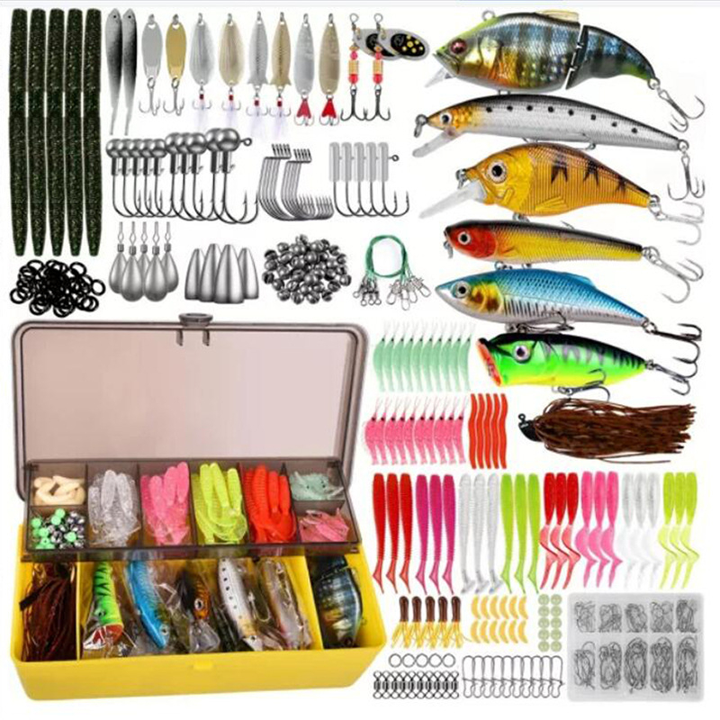 Žvejybos masalų rinkinys – 360 vnt., įskaitant minkštus ir kietus masalus, kabliukai su švino galvutėmis
