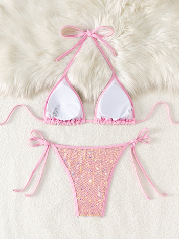 Női bikini két részes, hálószövésű és flitteres, melltartóbetéttel, nylon anyag 80%, súly 117 g