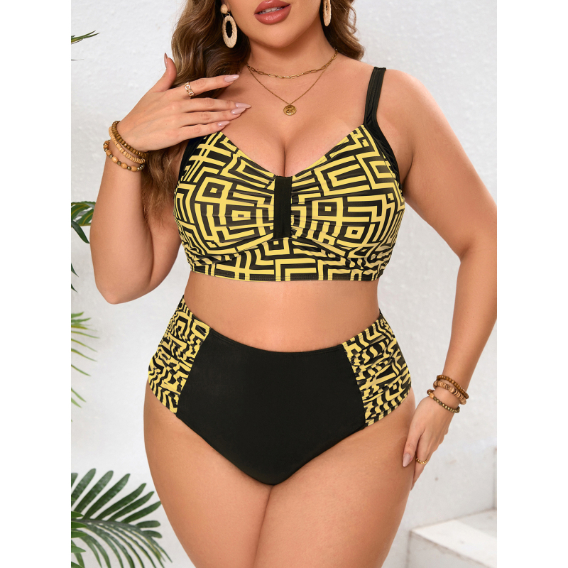 Két részes, magas derekú bikini kockás mintával és mellbetéttel, poliészter anyag
